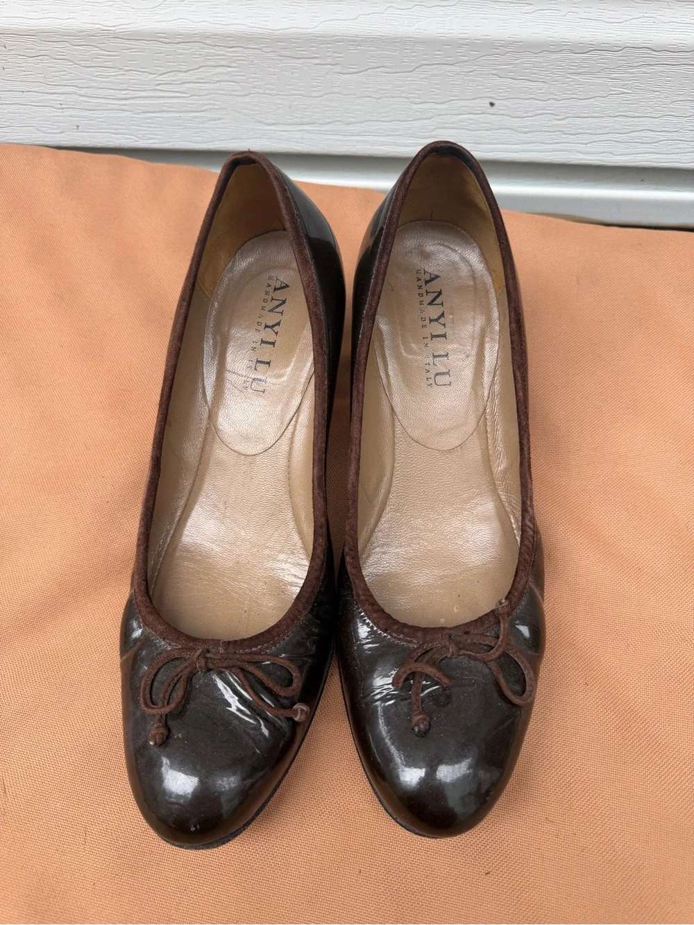 ANYI LU Women’s Pumps Size 38 Brown Patent Leather Suede Bow Made in Italy